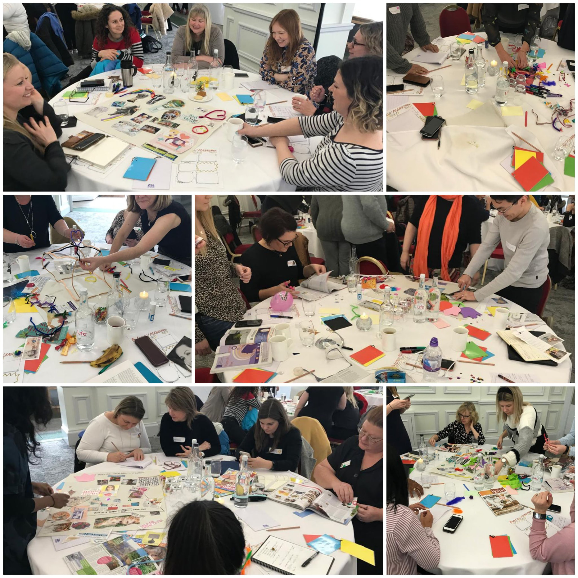 Colleagues around facilitated round tables, working with images, cards and notes